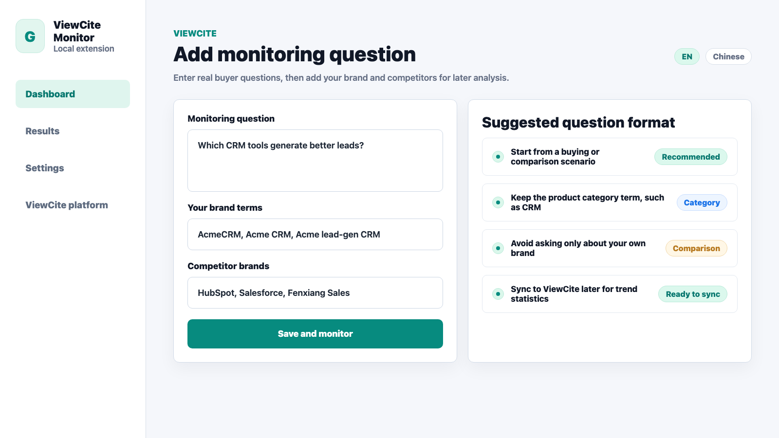 Chrome extension add monitoring question form screenshot