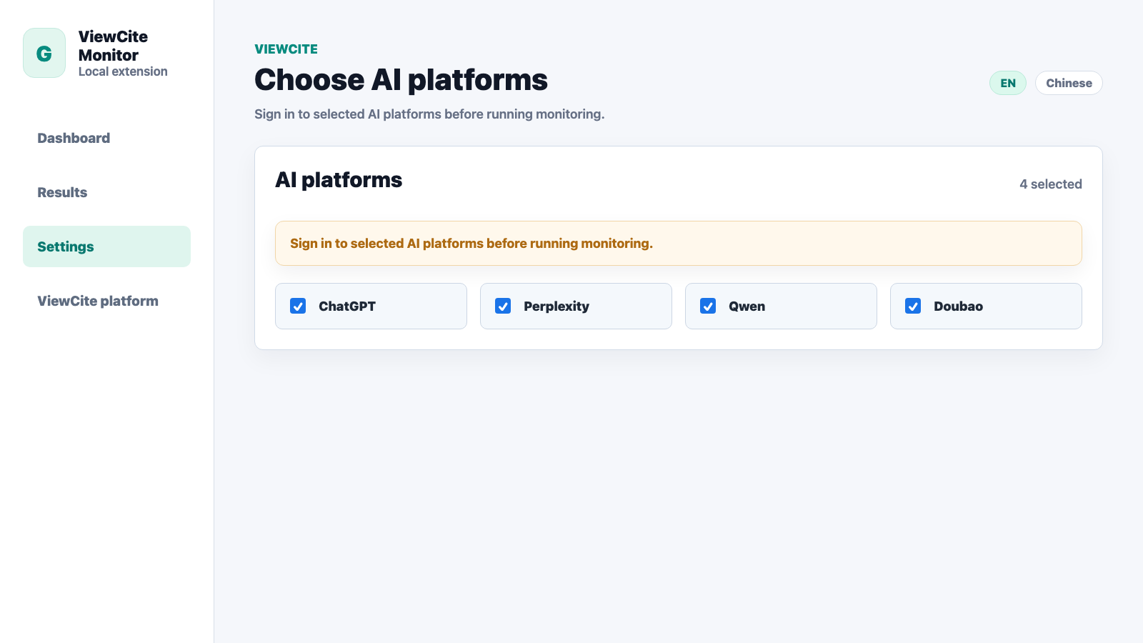 Chrome extension AI platform selection screenshot