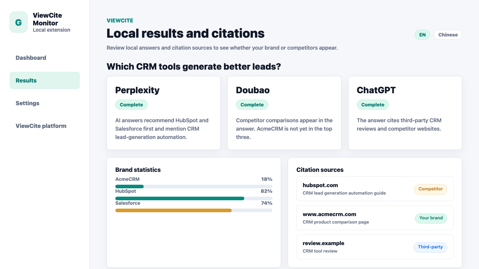 Chrome extension local results and citation sources screenshot