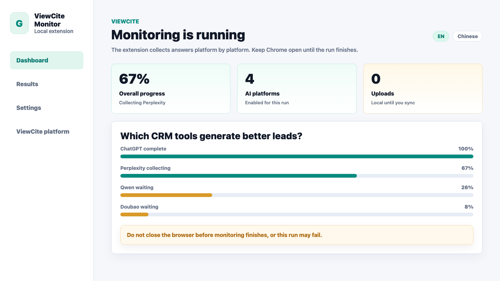 Chrome extension local monitoring running screenshot