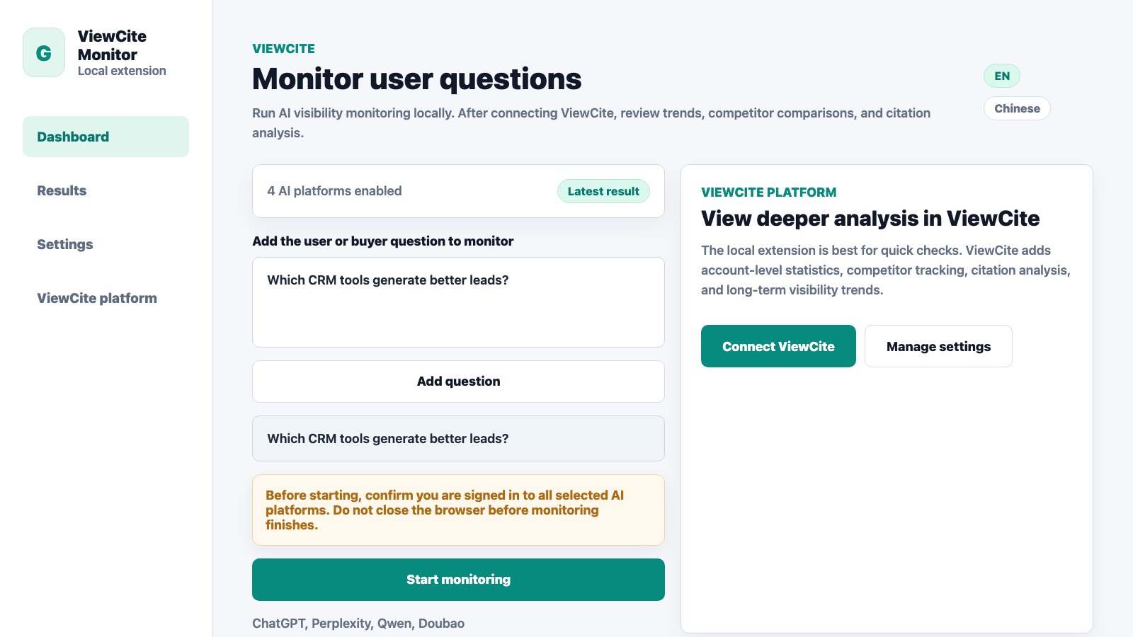 Chrome extension monitor dashboard screenshot