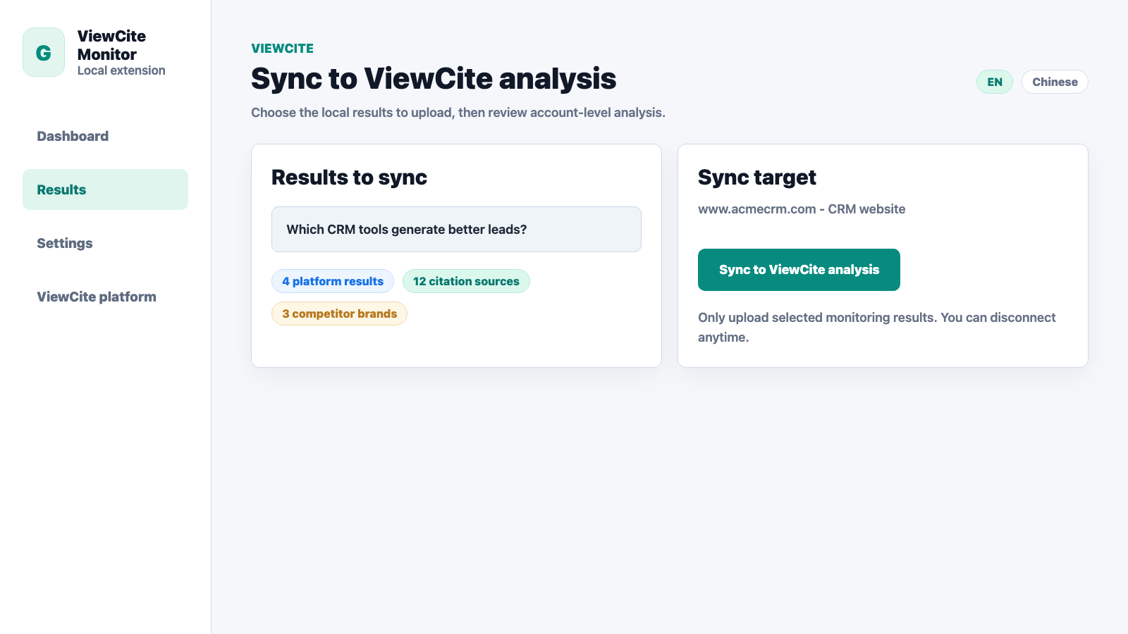 Chrome extension sync to ViewCite analysis button screenshot