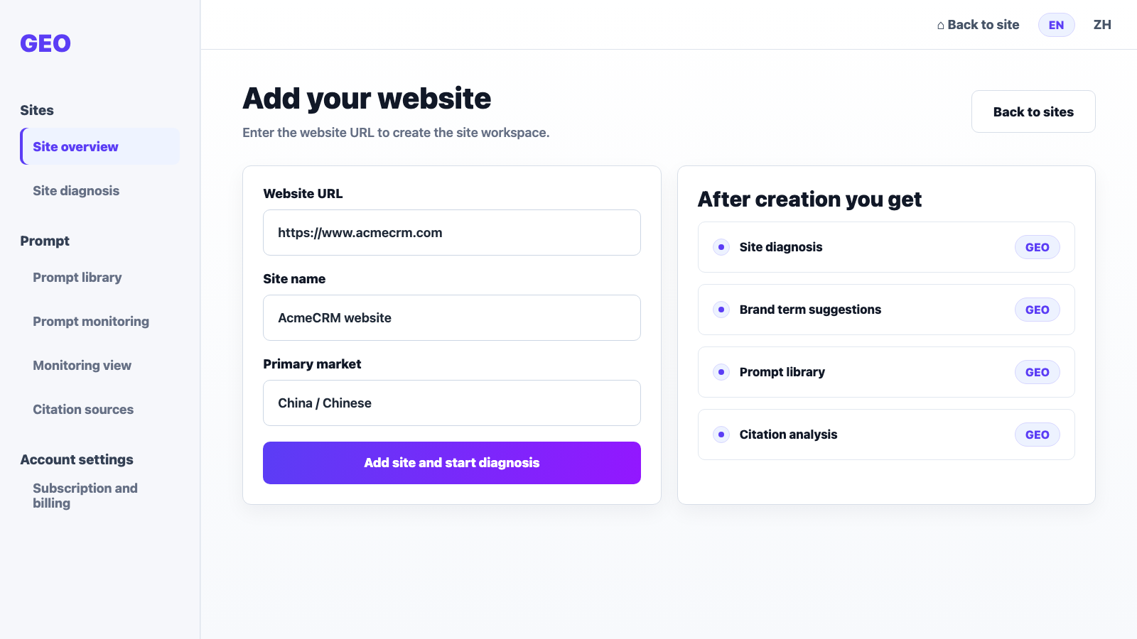 GEO add website page screenshot
