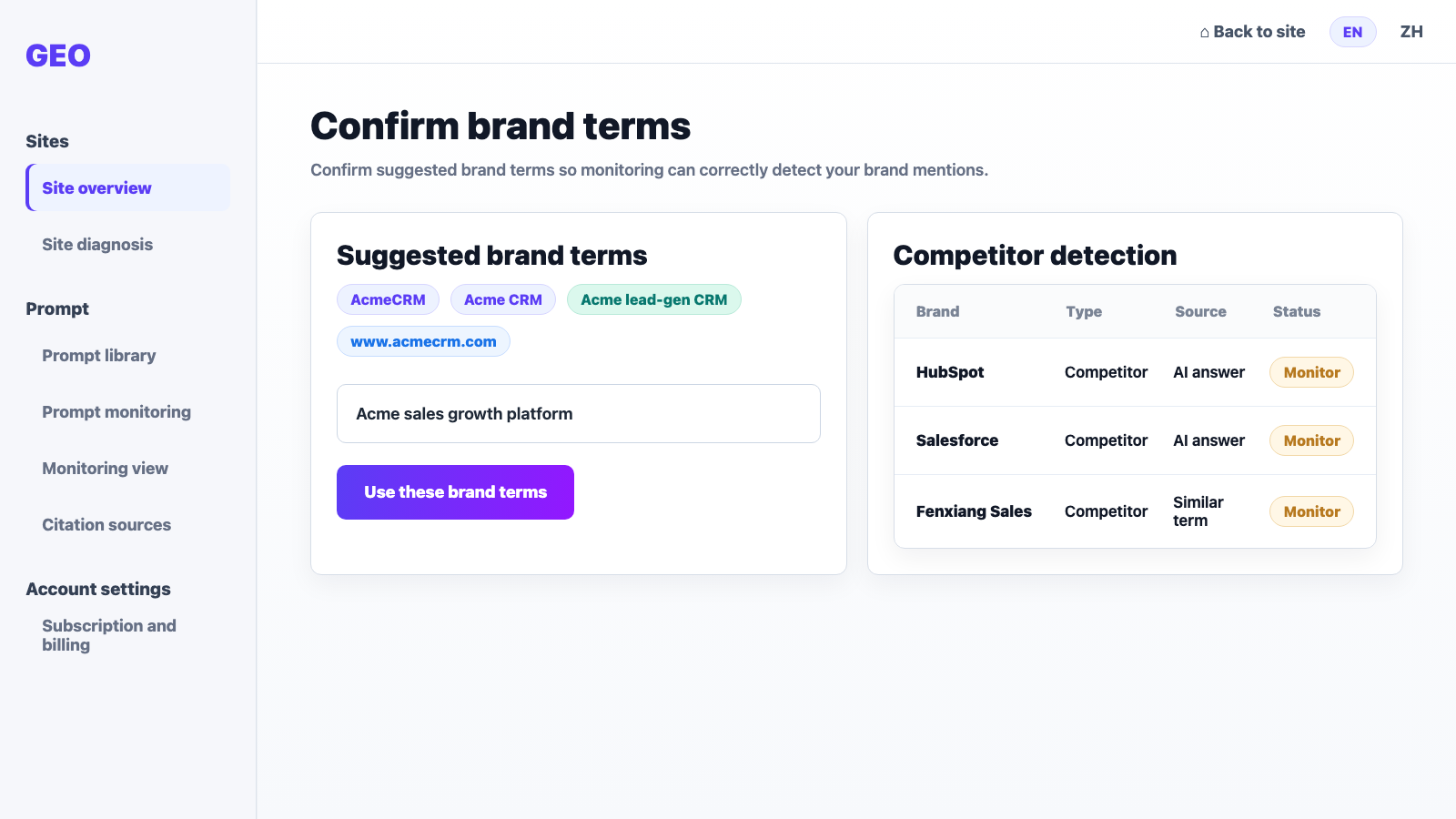 GEO brand keyword confirmation screenshot
