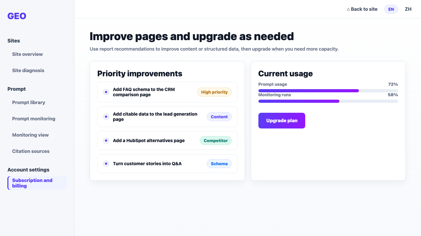 GEO optimization and billing screenshot