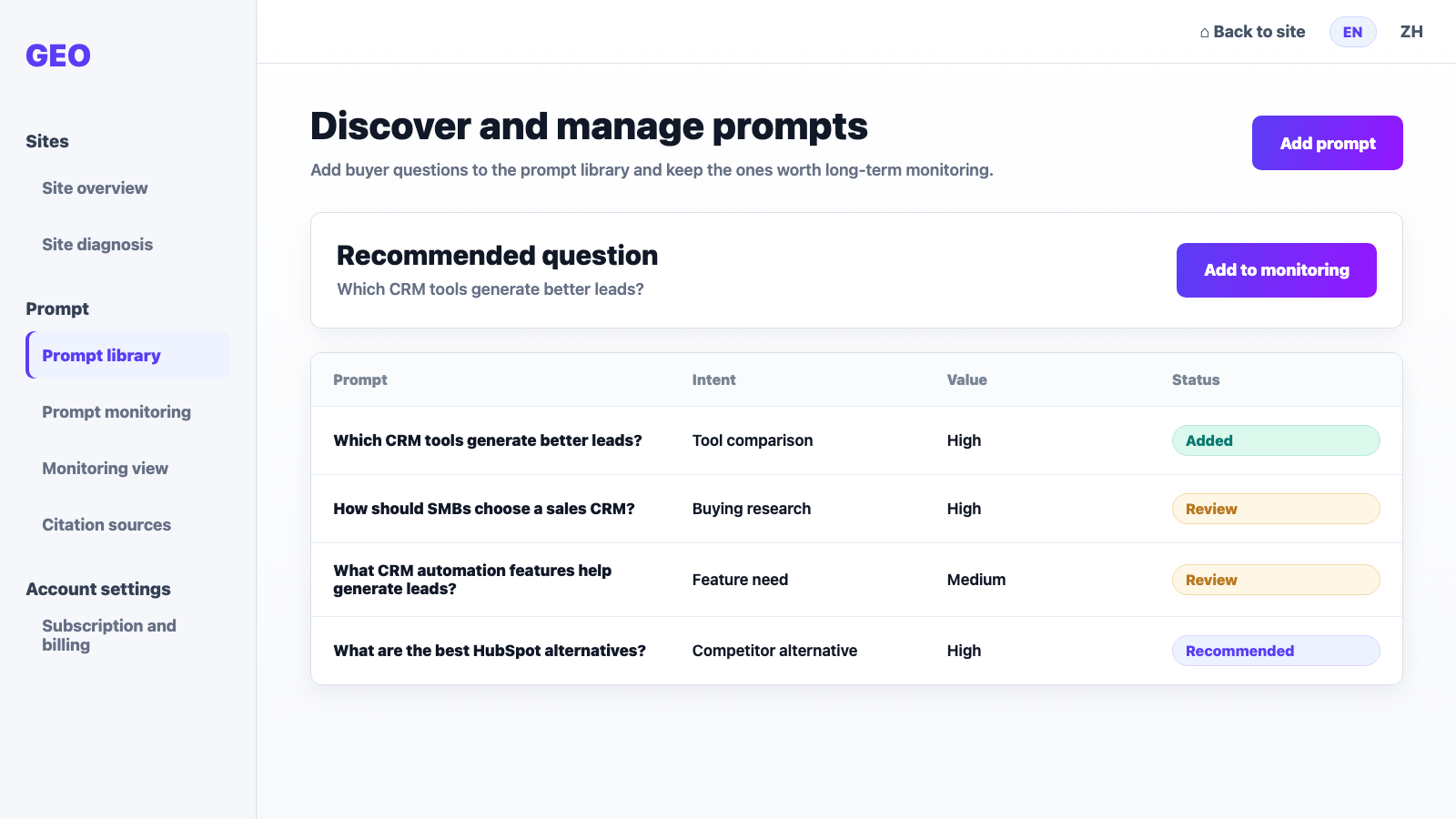 GEO prompt library screenshot