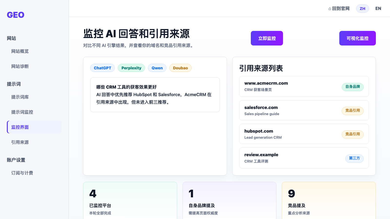 GEO 监控和引用来源页面截图